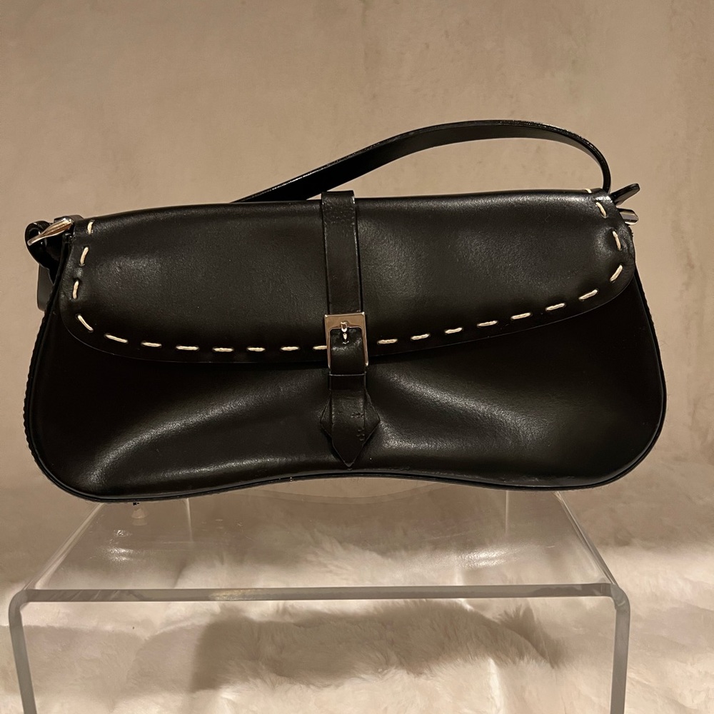 Black mini handbag with beige stitching -